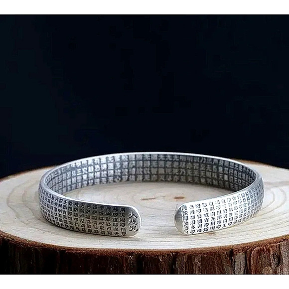 Unisex‎ Lotus Heart Sutra 999 Silver Cuff Bracelet, Size Adjustable - Picture 7 of 12